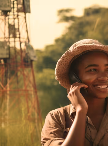 Woman making a phone call in front of a telecommunications tower